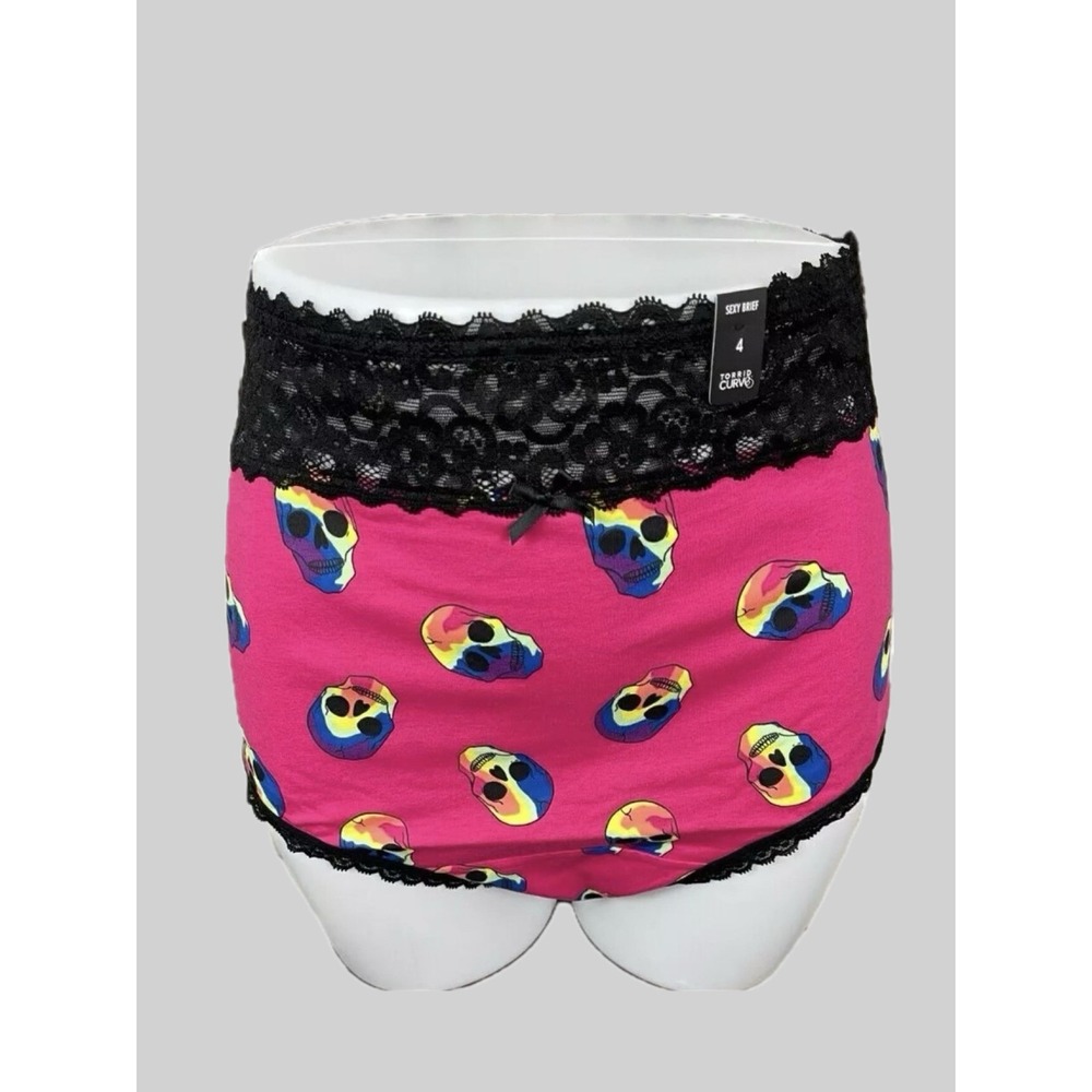 Torrid Curve 4X Pink Neon Rainbow Skull Lace Waistband & Trim Cotton Brief Panty